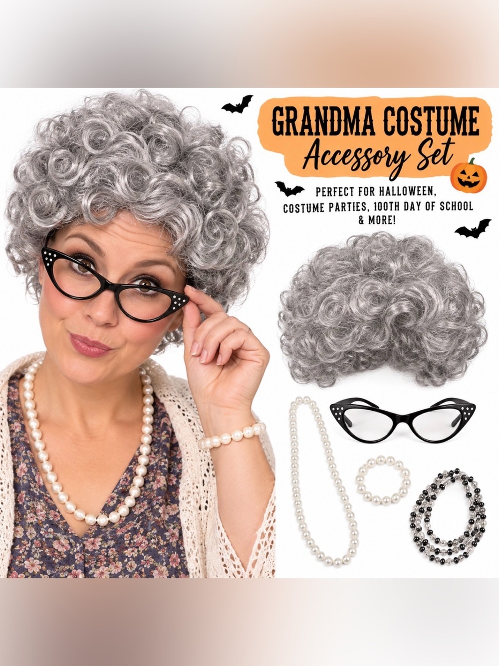 Halloween Grandma Old Lady Costume Accessory Set Gray Wig Glasses Pearls